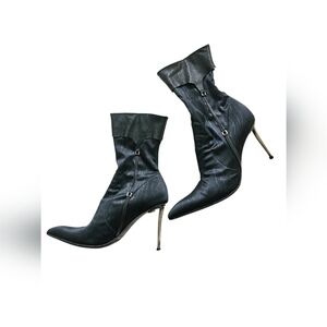 Gianmarco Lorenzi Black Pointed Stiletto Ankle Boots with Silver Metal Nail Heel